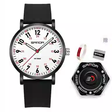 三达简约时尚考生专用静音走时超薄表壳 石英机芯 硅胶表带 国表 男女同款 白色表盘 防水夜光