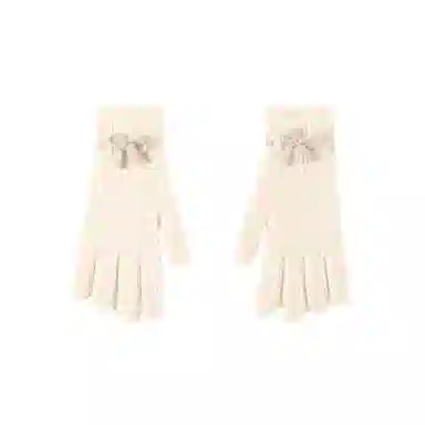 北极绒 针织蝴蝶结学生可爱韩版秋冬季骑行保暖漏露指触屏潮流百搭 聚酯纤维 绒线手套 女款