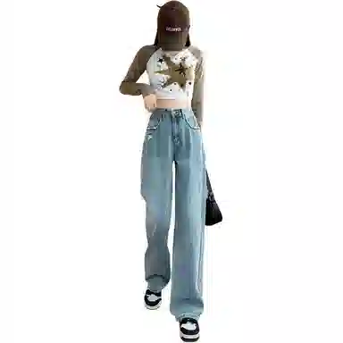 法文箱子 复古高腰直筒牛仔裤 女款