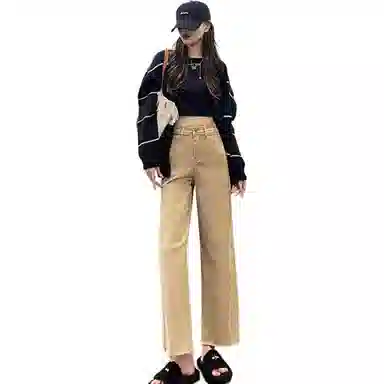 法文箱子 高腰拉链阔腿牛仔裤 女款