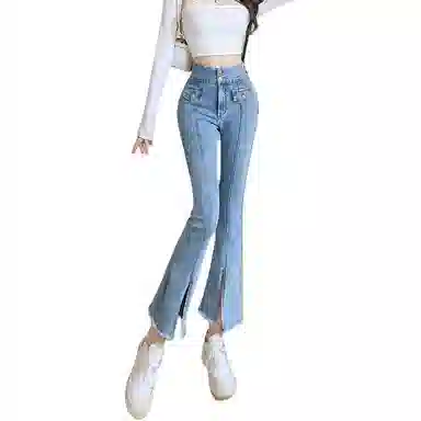 法文箱子 高腰拉链九分牛仔裤 女款