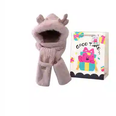 钓鱼熊 【秋冬必备】可爱冬天小鹿角毛茸茸保暖护耳三件套双层加厚围巾手套一 体 聚酯纤维 斗篷帽 男女同款情侣款