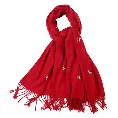 上海故事 秋冬亲肤保暖红 时尚刺绣麋鹿 外出外搭大披风 聚酯纤维 绒线围巾 女款