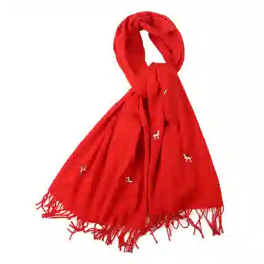 上海故事 秋冬亲肤保暖红 时尚刺绣麋鹿 外出外搭大披风 聚酯纤维 绒线围巾 女款