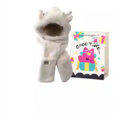 钓鱼熊 【秋冬必备】可爱冬天小鹿角毛茸茸保暖护耳三件套双层加厚围巾手套一 体 聚酯纤维 斗篷帽 男女同款情侣款