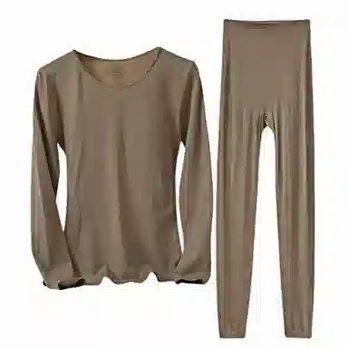 兰缪 桑蚕丝蛋白发热丝圆领长袖长裤百搭舒适提臀设计美体高弹亲肤柔软贴身打底恒温蓄暖吸湿透气保暖套装 女款