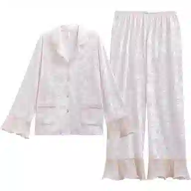 秀黛 荷叶边拼接翻领长袖可外穿睡衣套装 女款