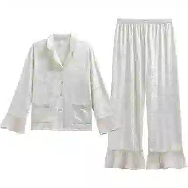 秀黛 荷叶边拼接翻领长袖可外穿睡衣套装 女款