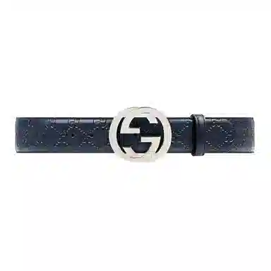 GUCCI Double G Signature Leather Belt Navy 4cm