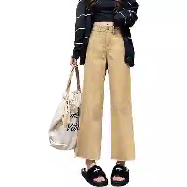 法文箱子 高腰拉链阔腿牛仔裤 女款