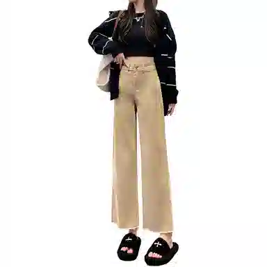 法文箱子 高腰拉链阔腿牛仔裤 女款