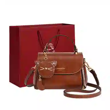 老人头 时尚气质复古休闲百搭 牛剖层革拼合成革 斜挎包 常规 女款 浅棕色