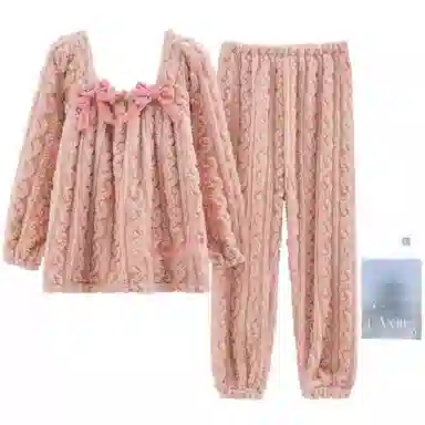 兰缪 双面保暖提花绒方领长袖长裤家居服可爱甜美蝴蝶结设计抗寒舒适透气遮肉亲肤柔软可外穿睡衣套装 女款