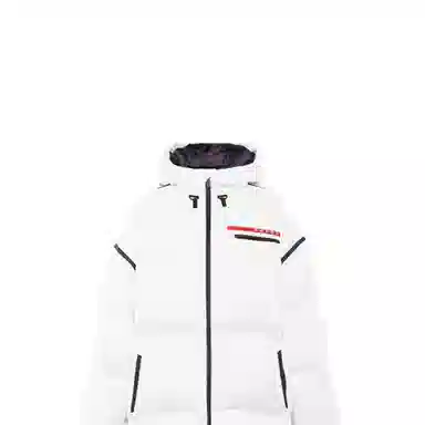 Prada Oversized Long Nylon Colorblock Hooded Down Coat White