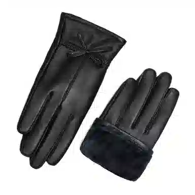 上海故事 真皮加绒加厚保暖外出骑行防风防寒防泼水可触屏 羊皮革 绒线手套 女款 黑色