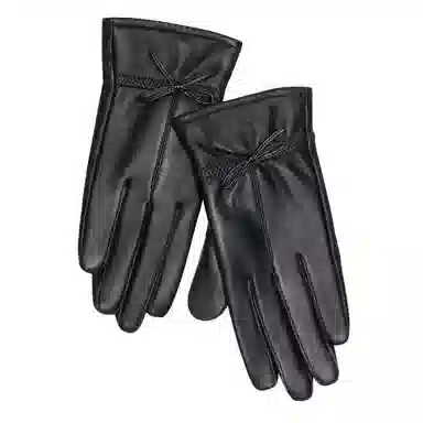 上海故事 真皮加绒加厚保暖外出骑行防风防寒防泼水可触屏 羊皮革 绒线手套 女款 黑色