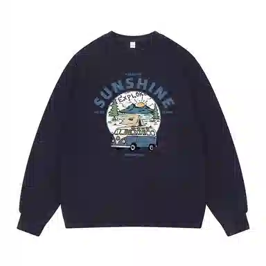 莫代尔 舒适亲肤潮流休闲时尚湖畔露营印花简约潮牌圆领长袖可外穿打底衣 男女同款