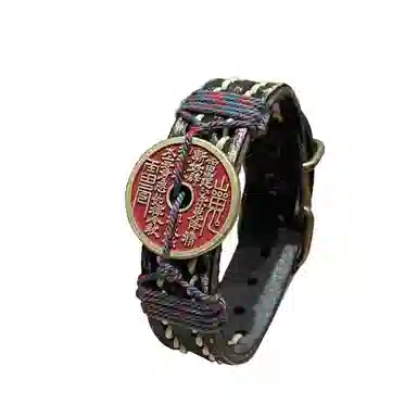 既白南兮 丹韵瑞红山鬼花钱本命年道系青年国风新中式文创 合金 皮革 手环 男女同款情侣款