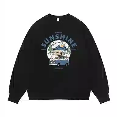 莫代尔 舒适亲肤潮流休闲时尚湖畔露营印花简约潮牌圆领长袖可外穿打底衣 男女同款