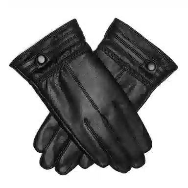 上海故事 时尚加绒加厚外出骑车防风防寒出行防水保暖 羊皮革 绒线手套 男款 黑色