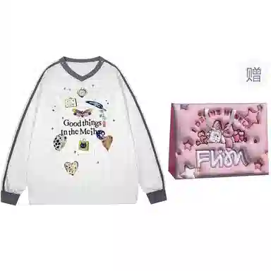 花蔓色 美式时尚休闲印花球衣可爱卡通长袖拼接插肩宽松卫衣 女款 白色 精美礼盒装
