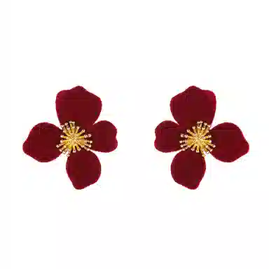 韵系 新年红丝绒花朵 铜镀金 耳环 女款