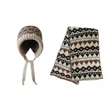 北极绒 提花绑带护耳帽可变包包复古民族风针织保暖套头帽组合二件套 聚酯纤维 绒线帽 男女同款情侣款