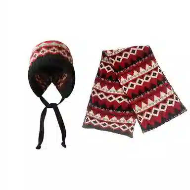 北极绒 提花绑带护耳帽可变包包复古民族风针织保暖套头帽组合二件套 聚酯纤维 绒线帽 男女同款情侣款