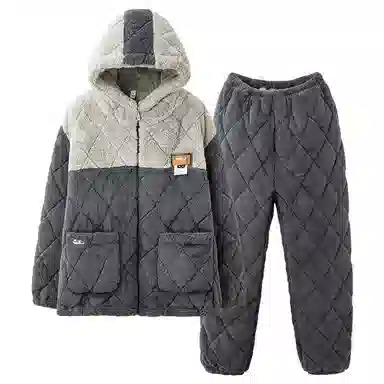 俏薇妮 简约纯色格子双口袋拉链连帽家居服保暖休闲舒适可外穿睡衣套装 男款 灰色