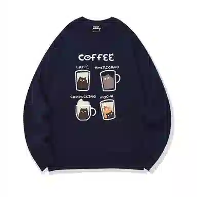 莫代尔 舒适亲肤咖啡卡通猫潮流休闲时尚图案印花圆领长袖可外穿打底衣 男女同款