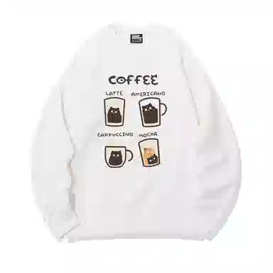 莫代尔 舒适亲肤咖啡卡通猫潮流休闲时尚图案印花圆领长袖可外穿打底衣 男女同款