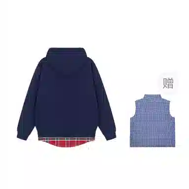 桴生 美式复古假两件格子拼接字母印花连帽加绒加厚卫衣 女款