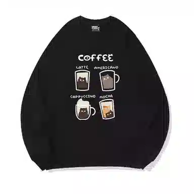 莫代尔 舒适亲肤咖啡卡通猫潮流休闲时尚图案印花圆领长袖可外穿打底衣 男女同款