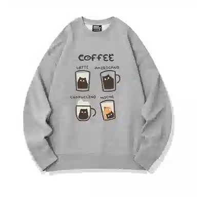 莫代尔 舒适亲肤咖啡卡通猫潮流休闲时尚图案印花圆领长袖可外穿打底衣 男女同款