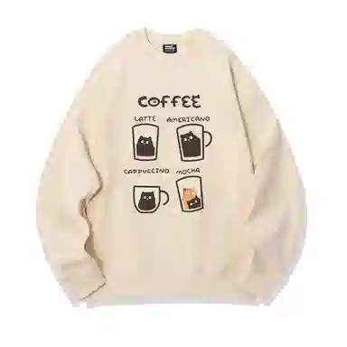 莫代尔 舒适亲肤咖啡卡通猫潮流休闲时尚图案印花圆领长袖可外穿打底衣 男女同款