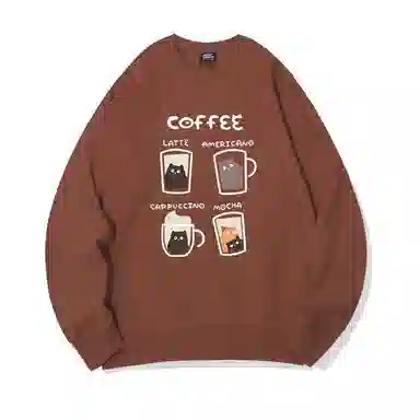 莫代尔 舒适亲肤咖啡卡通猫潮流休闲时尚图案印花圆领长袖可外穿打底衣 男女同款