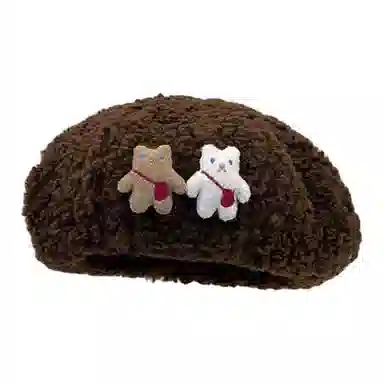 木林森 美拉德风可爱小熊秋冬季保暖休闲简约百搭 羊羔绒 贝雷帽 男女同款情侣款