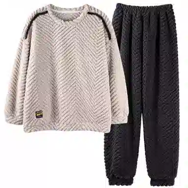 夏芬妍 宽松休闲舒适坑纹圆领家居服加绒加厚保暖蓄温长袖长裤可外穿秋冬款睡衣礼盒 男女同款 灰杏色