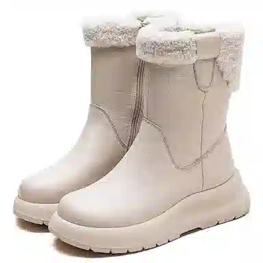 头层牛皮 保暖耐磨增高防滑 复古纯色加绒加厚休闲 中筒 雪地靴 女款