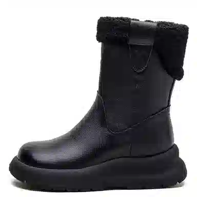 头层牛皮 保暖耐磨增高防滑 复古纯色加绒加厚休闲 中筒 雪地靴 女款