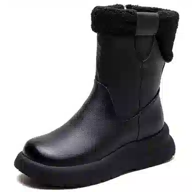 头层牛皮 保暖耐磨增高防滑 复古纯色加绒加厚休闲 中筒 雪地靴 女款