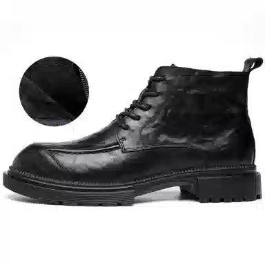 法派 头层羊皮 加绒保暖 中筒 马丁靴 男款 黑色