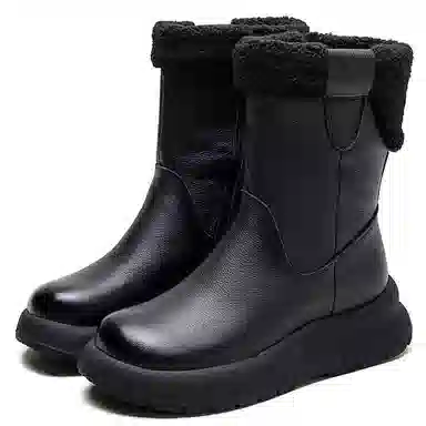头层牛皮 保暖耐磨增高防滑 复古纯色加绒加厚休闲 中筒 雪地靴 女款