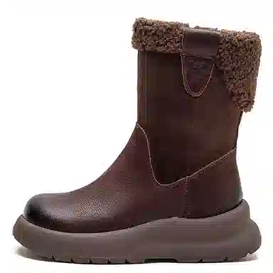 头层牛皮 保暖耐磨增高防滑 复古纯色加绒加厚休闲 中筒 雪地靴 女款