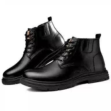 英伦骑士 系带 户外 百搭 防水 厚底增高 复古 真皮 时尚 短筒 马丁靴 男款 黑色