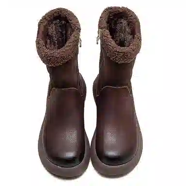 头层牛皮 保暖耐磨增高防滑 复古纯色加绒加厚休闲 中筒 雪地靴 女款