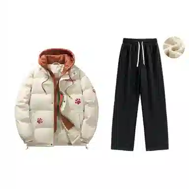 大卫贝肯 美式复古假两件趣味卡通爪印字母印花连帽保暖宽松纯色面包棉服垂感加绒加厚长裤休闲运动套装 男女同款