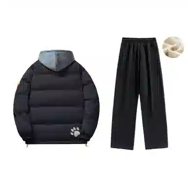 大卫贝肯 美式复古假两件趣味卡通爪印字母印花连帽保暖宽松纯色面包棉服垂感加绒加厚长裤休闲运动套装 男女同款