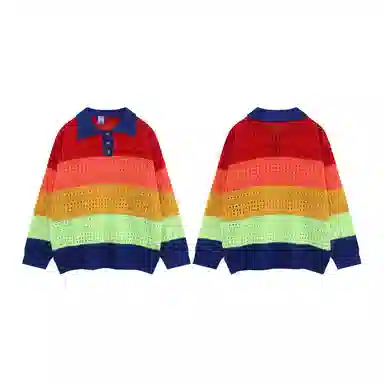 水中花 条纹撞色镂空长袖针织衫 女款 彩色