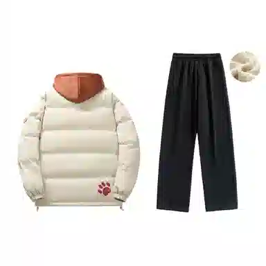 大卫贝肯 美式复古假两件趣味卡通爪印字母印花连帽保暖宽松纯色面包棉服垂感加绒加厚长裤休闲运动套装 男女同款